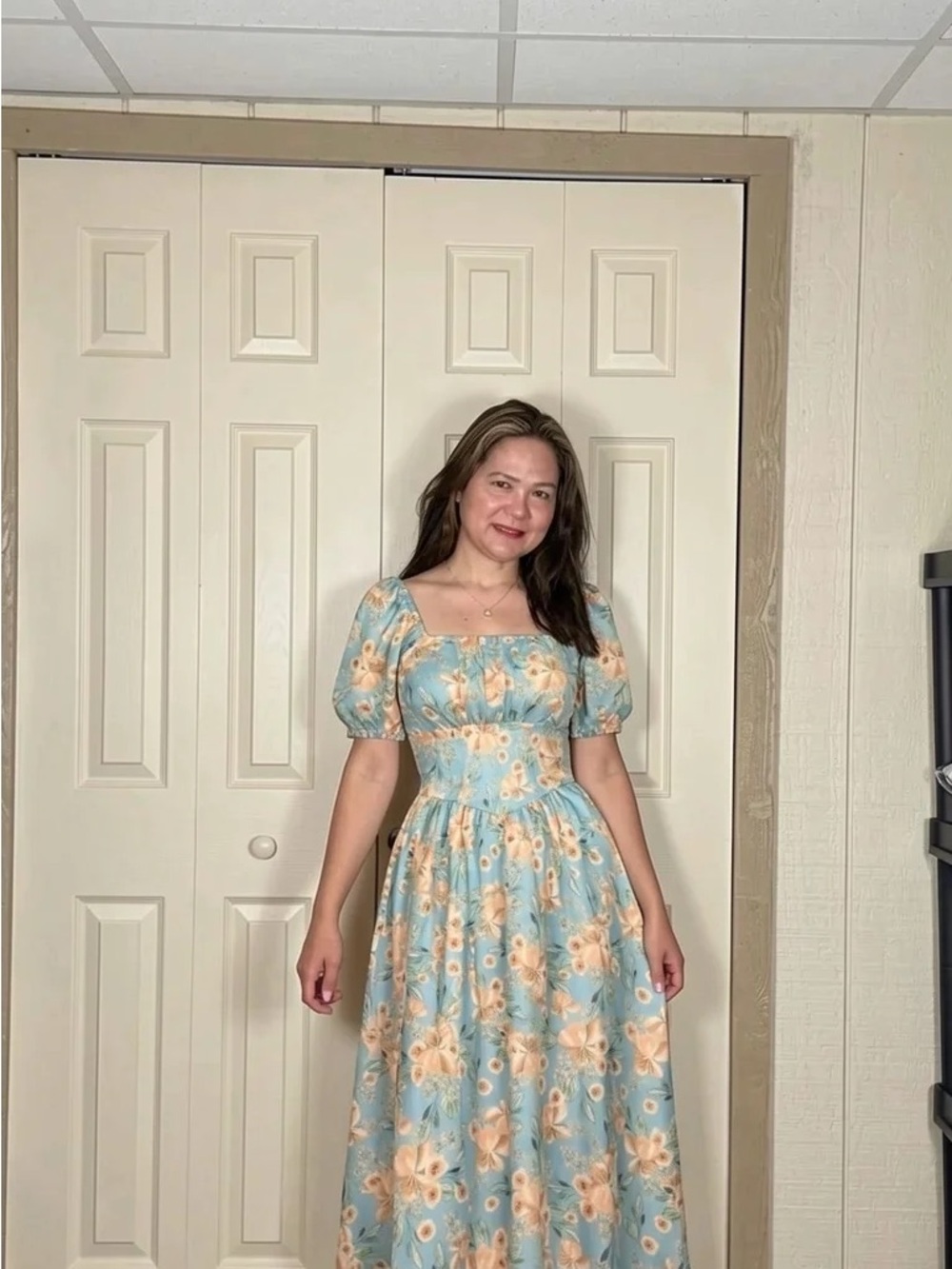 Square Neck Floral Midi Dress in Light Blue